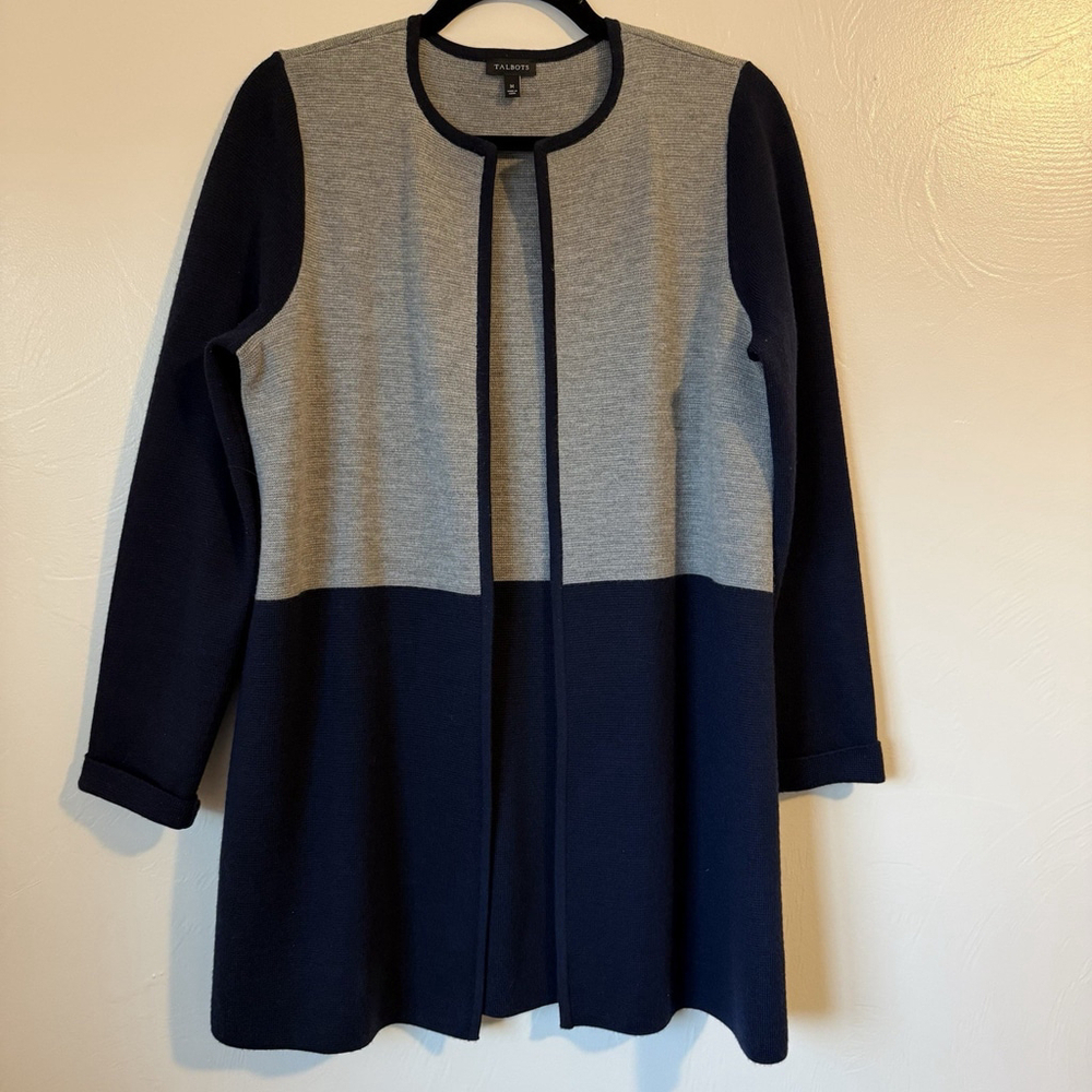 Talbots Open Front Colorblock Cardigan Blazer Navy & Grey Size Medium Wool Blend